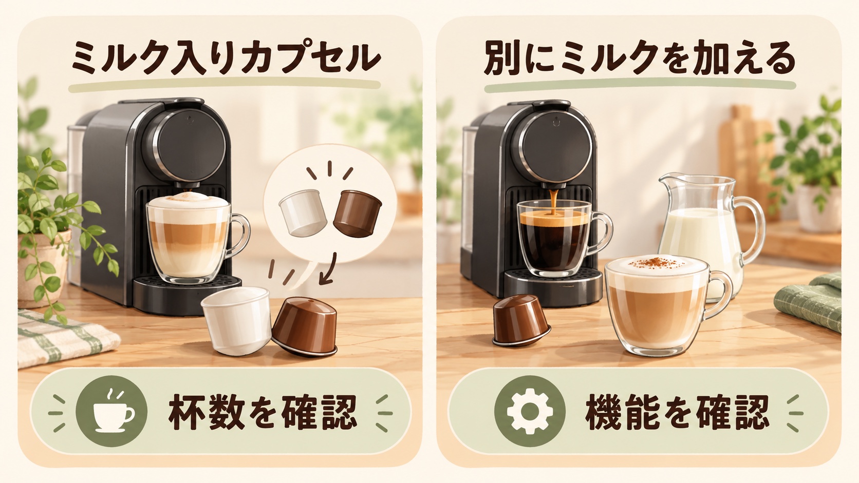 ミルク入りカプセルを使う方法と、抽出したコーヒーへ別にミルクを加える方法を比較した図解