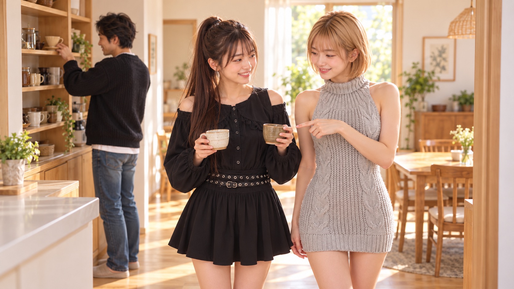 キッチンでカップを選ぶYUMEとHINATA。奥では黒いニットのTAKERUが棚を片づけている。