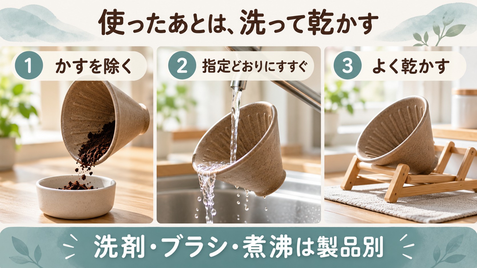 多孔質陶器のお手入れ。かすを除く、指定どおりにすすぐ、十分に乾かす。洗剤・ブラシ・煮沸は製品別。