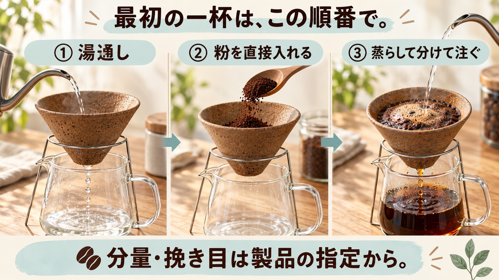 紙不要タイプの初めての一杯。湯通し、粉を直接入れる、少量で蒸らして分けて注ぐ。