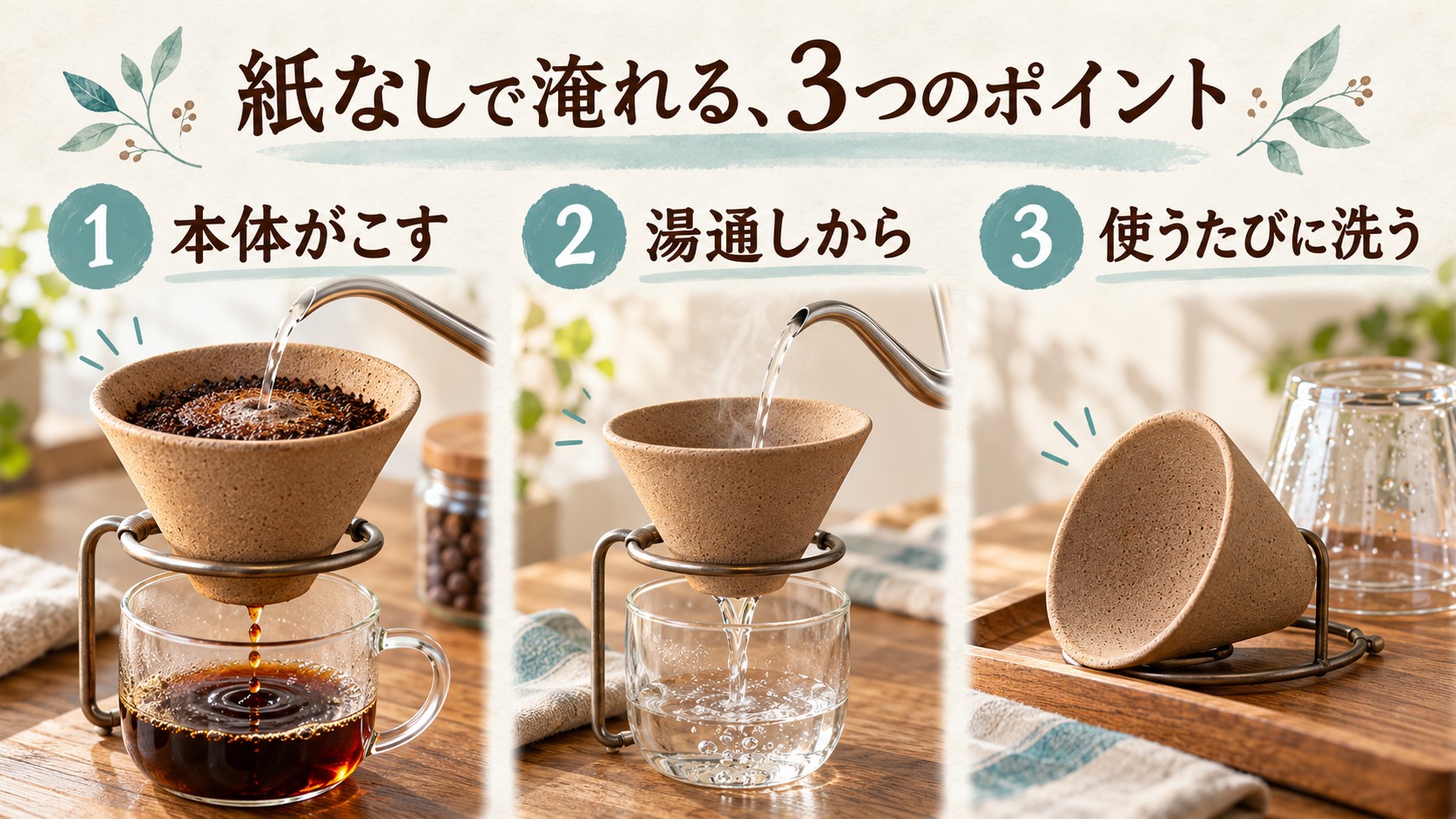 紙不要は多孔質タイプ。本体がこす、湯通しから始める、使うたびに洗うという三つの要点。