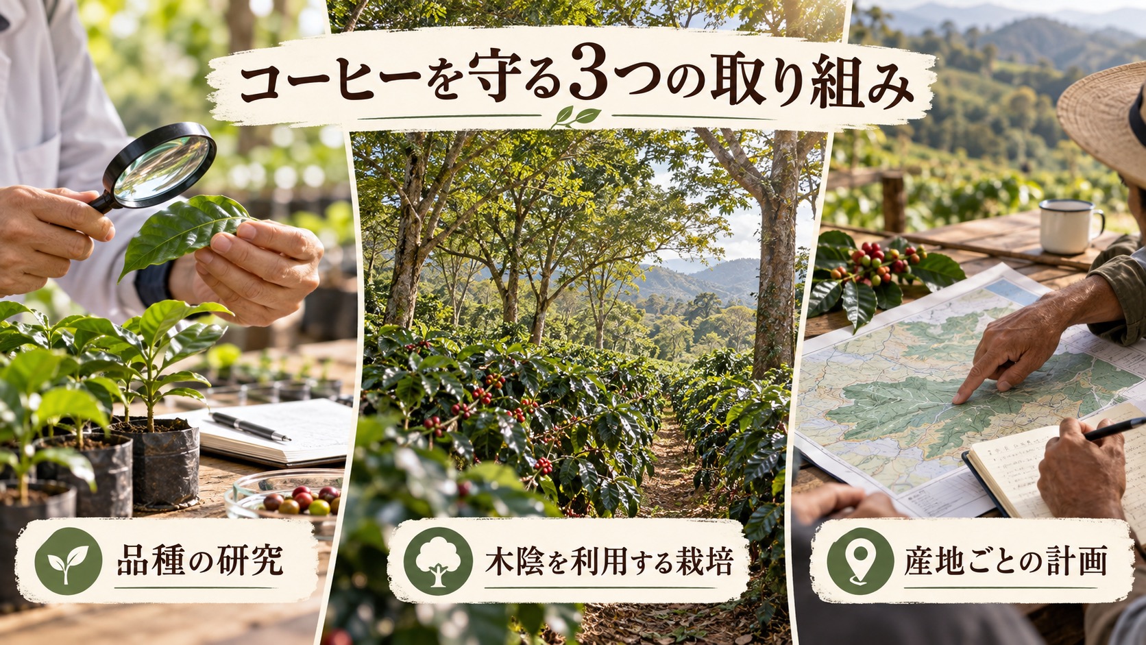 コーヒーの品種研究と木陰を利用した栽培などの対策を示す図