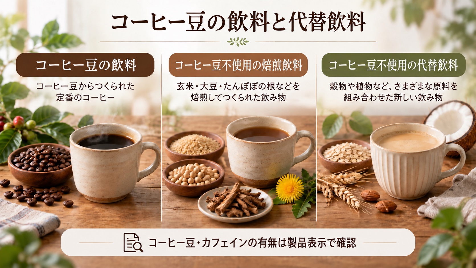 コーヒー豆を使う飲料と、コーヒー豆を使わない代替飲料の原料を比べる図