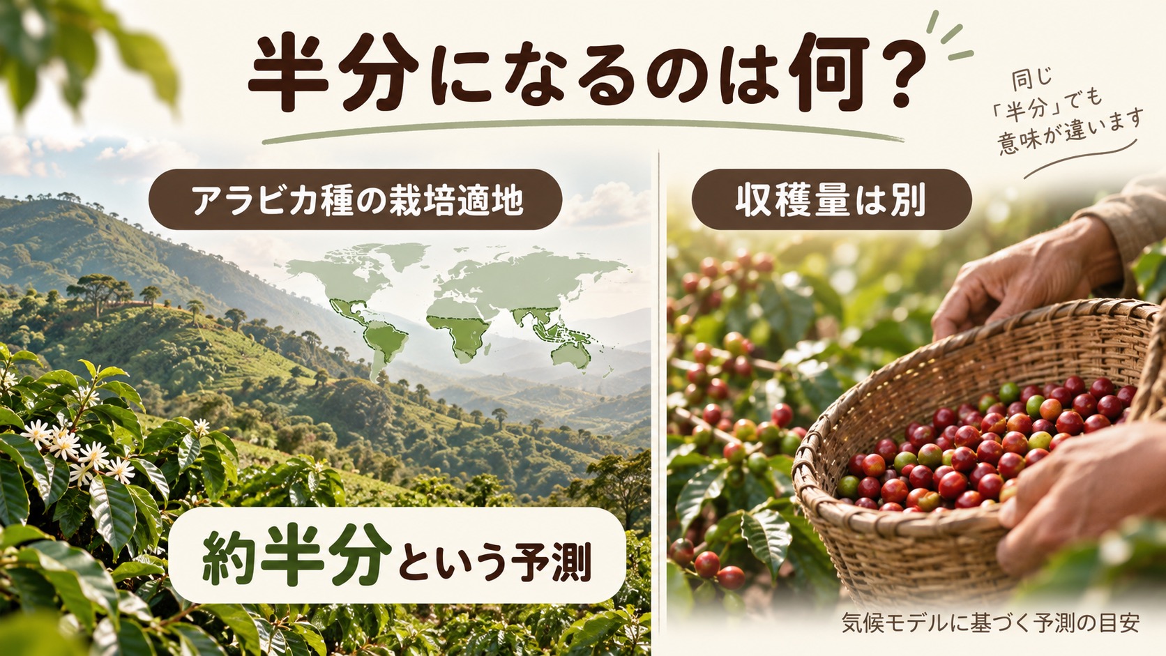 約半分という予測が栽培適地を指し、収穫量ではないと説明する図
