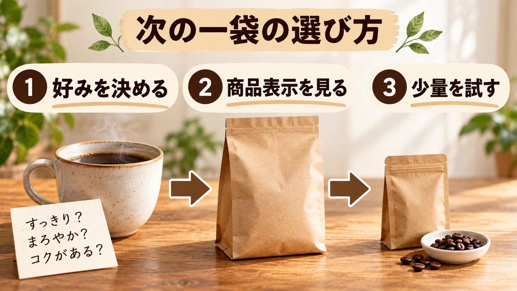 好みの言葉を決める、焙煎と商品表示を見る、少量を選ぶ三段階の手順