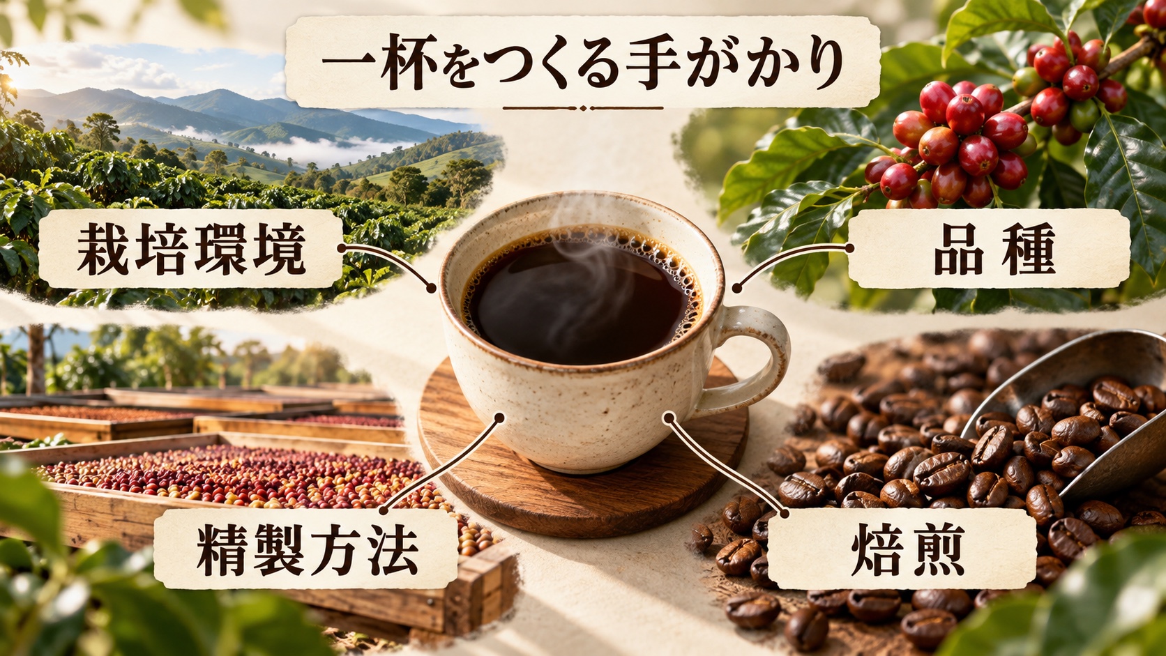 栽培環境、品種、精製方法、焙煎が一杯の風味に関わる図