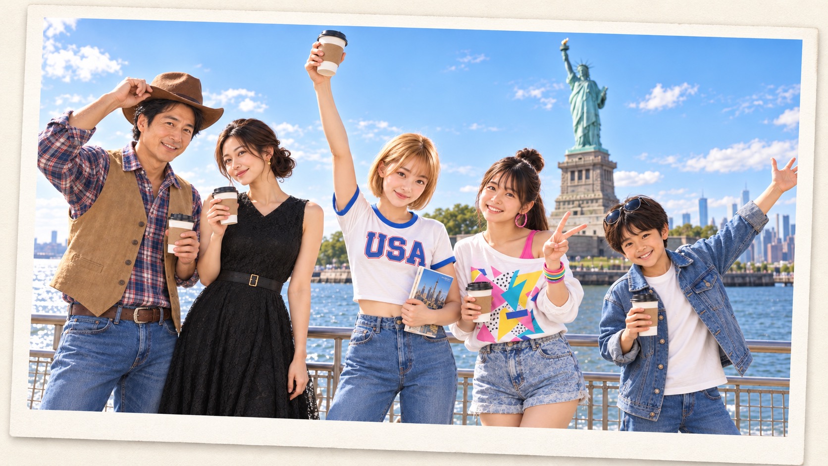 自由の女神の前で、USAのへそ出しTシャツ姿の長女と、アメリカらしい服装の珈琲家族がポーズをとる写真フレーム風の記念写真