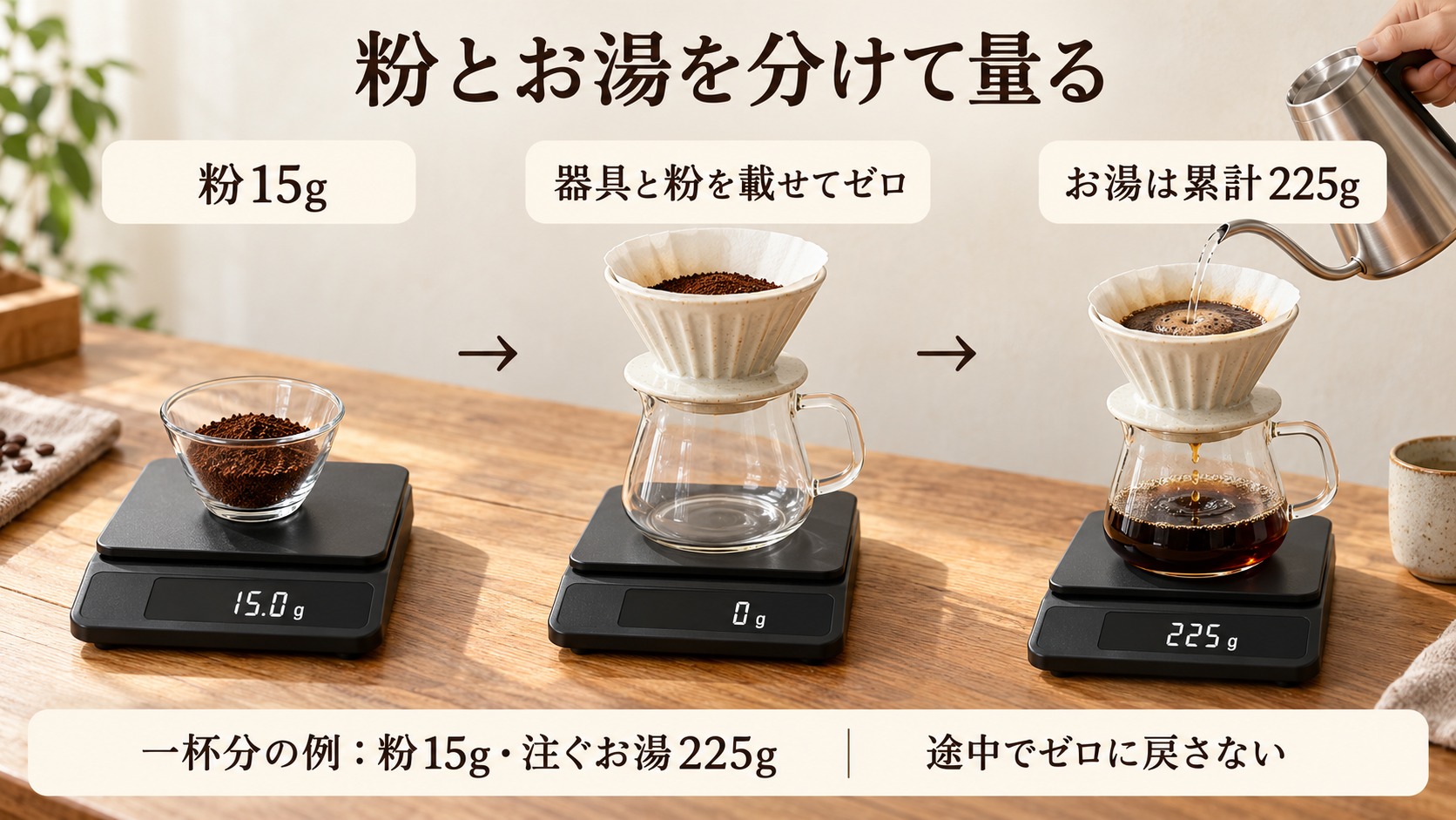 ペーパードリップ一杯の例。粉15gを量り、器具と粉を載せてゼロにし、注ぐお湯の累計を225gにする。