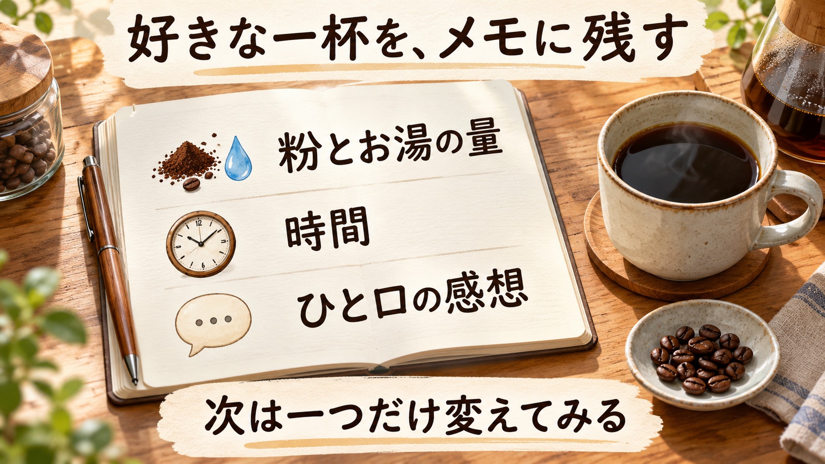飲みながら残す三つの記録。粉とお湯の量、時間、ひと口の感想。次回は一つだけ変える。
