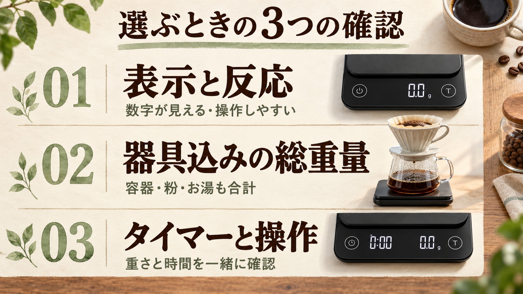 スケール選びの三つの確認点。表示と反応、器具を含む総重量、タイマーと操作。
