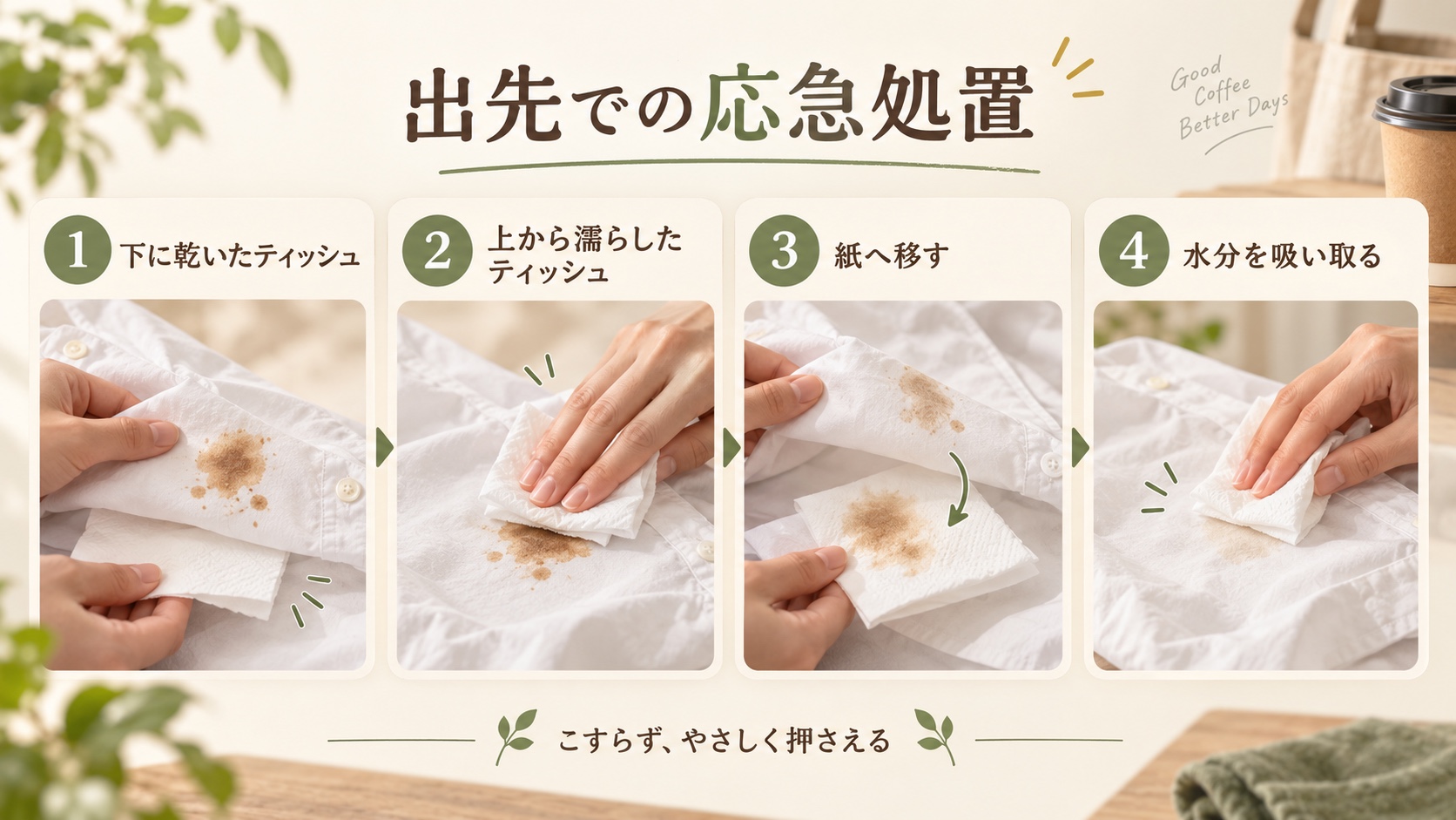 出先でできるコーヒーのシミの応急処置を、4つの手順で説明した図