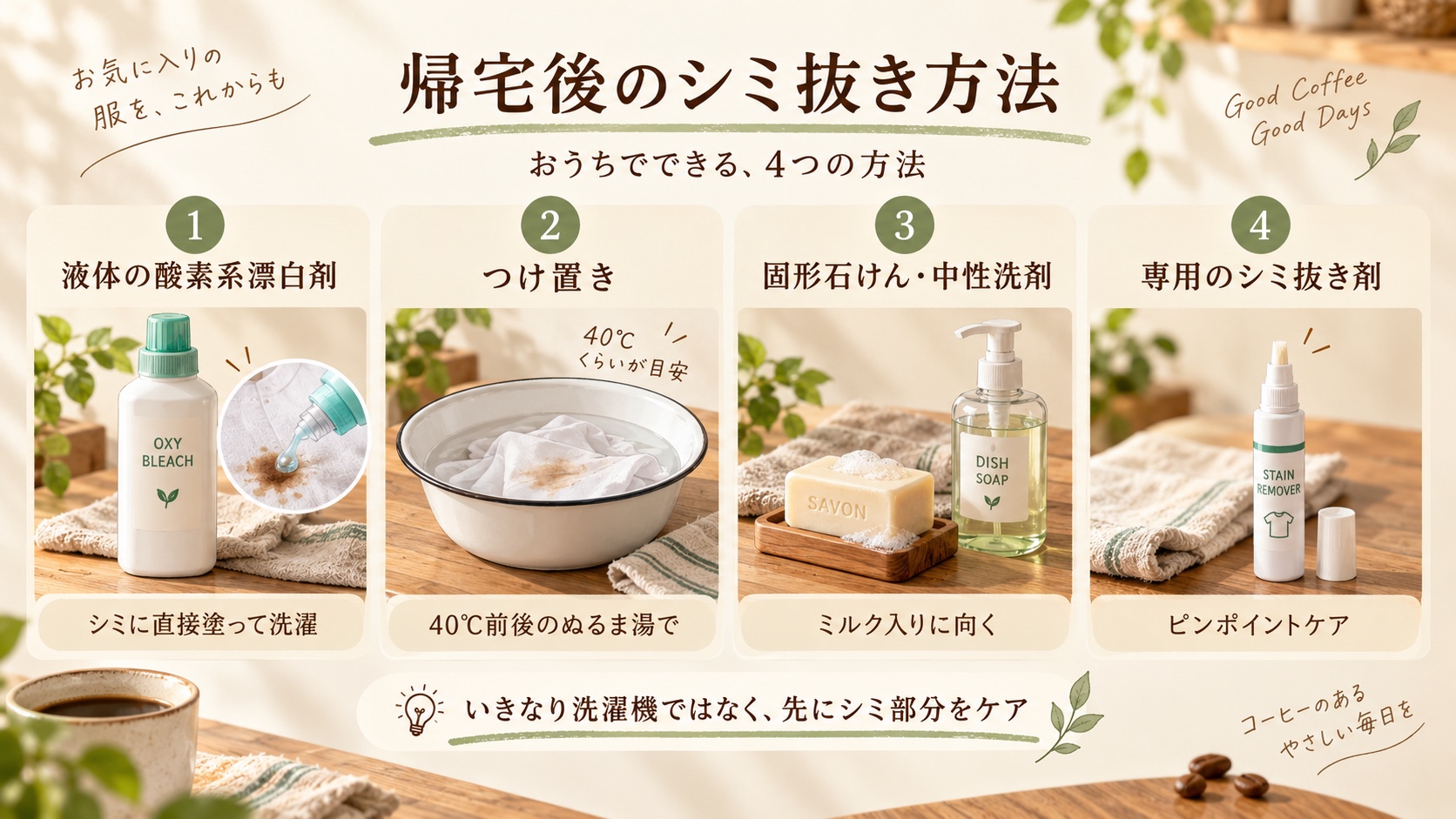 帰宅後にできるコーヒーのシミ抜き方法を、4種類に分けて説明した図