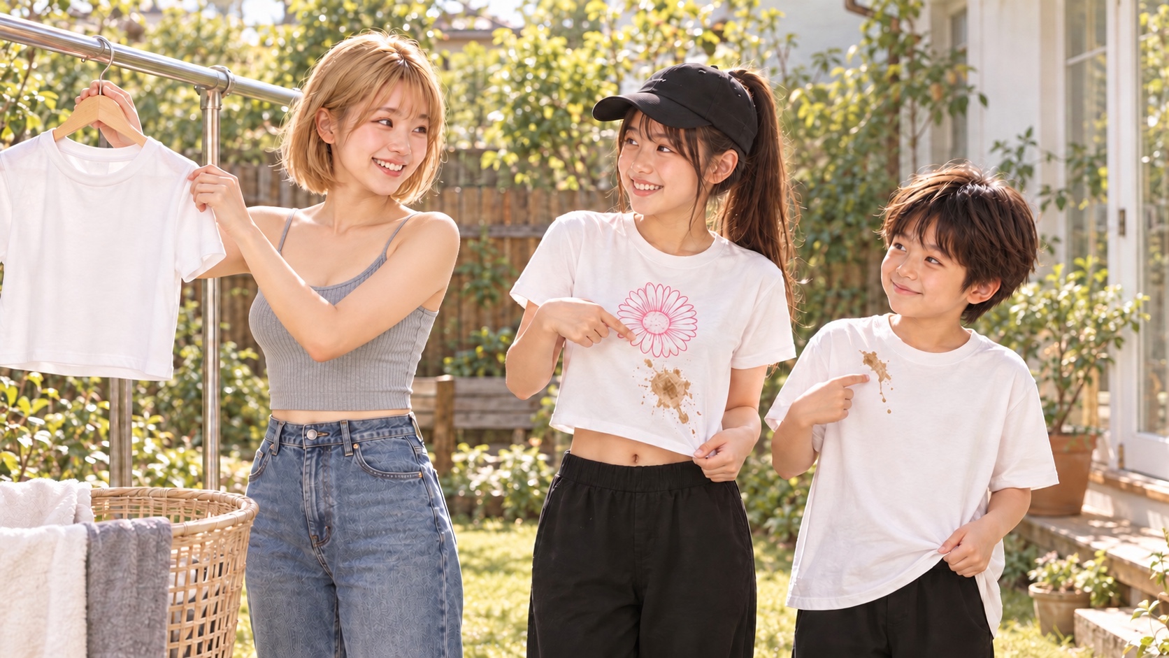 庭で白いTシャツを干すキャミソール姿のHINATAに、YUMEとYUTAがそれぞれ服の違う位置についたコーヒーのシミを指さして見せる様子