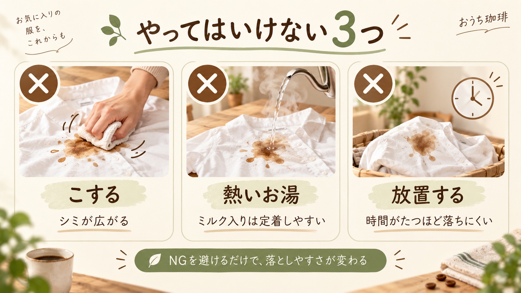コーヒーのシミで避けたい、こする・熱いお湯をかける・放置するという3つのNG行動