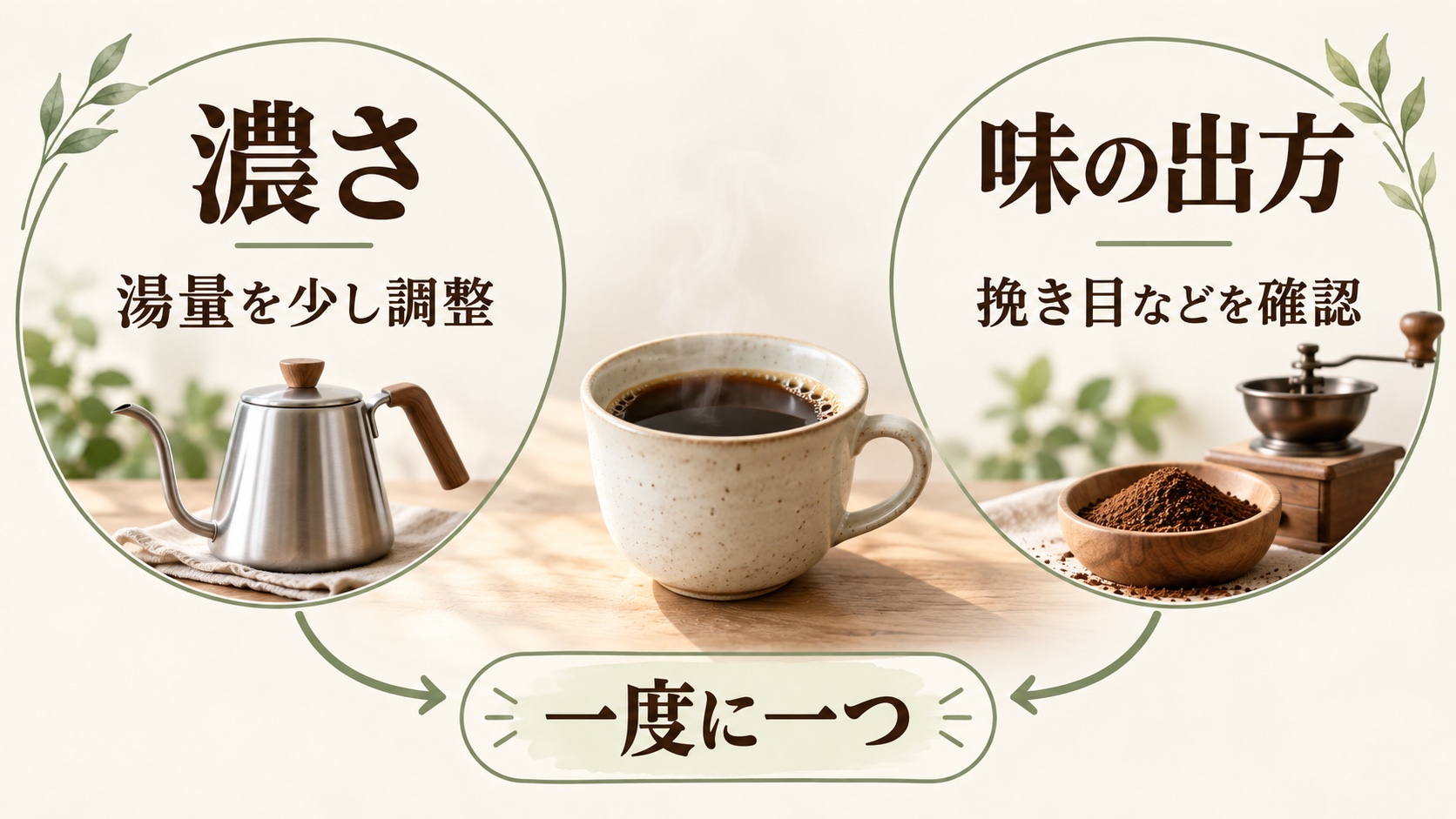 濃さを変える場合と味の出方を見直す場合を分け、湯量や挽き目を一つずつ調整し記録する判断図解