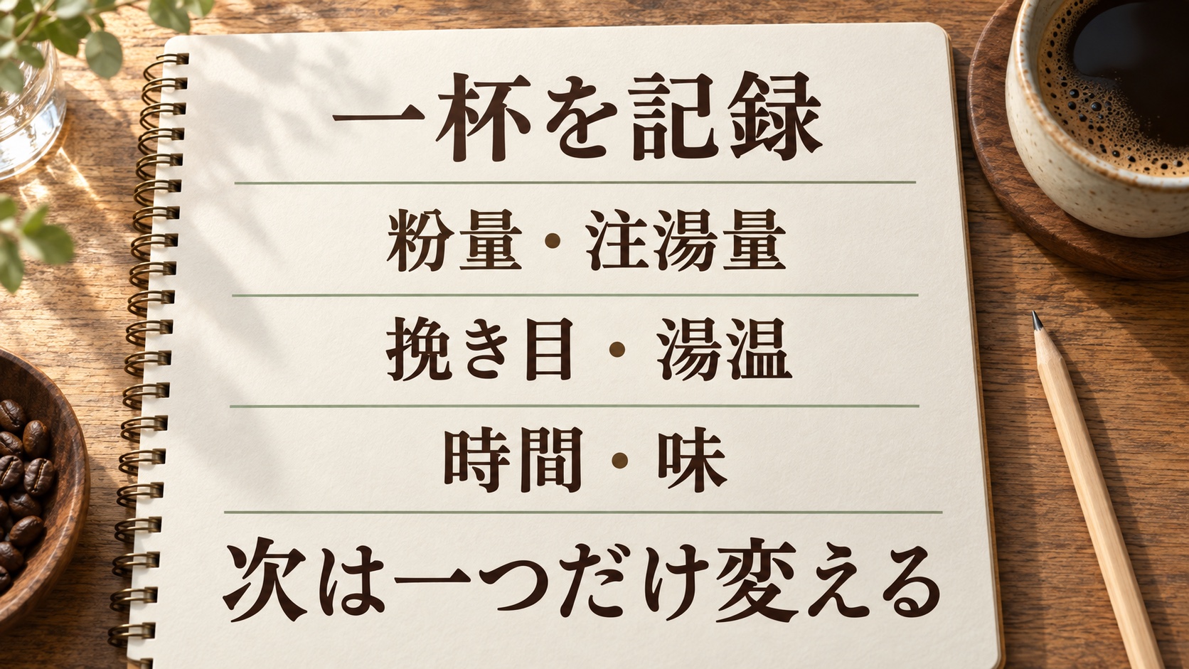 粉量、注湯量、挽き目、湯温、時間、味の印象を記録し、次は一つだけ変えるためのコーヒーメモの図解