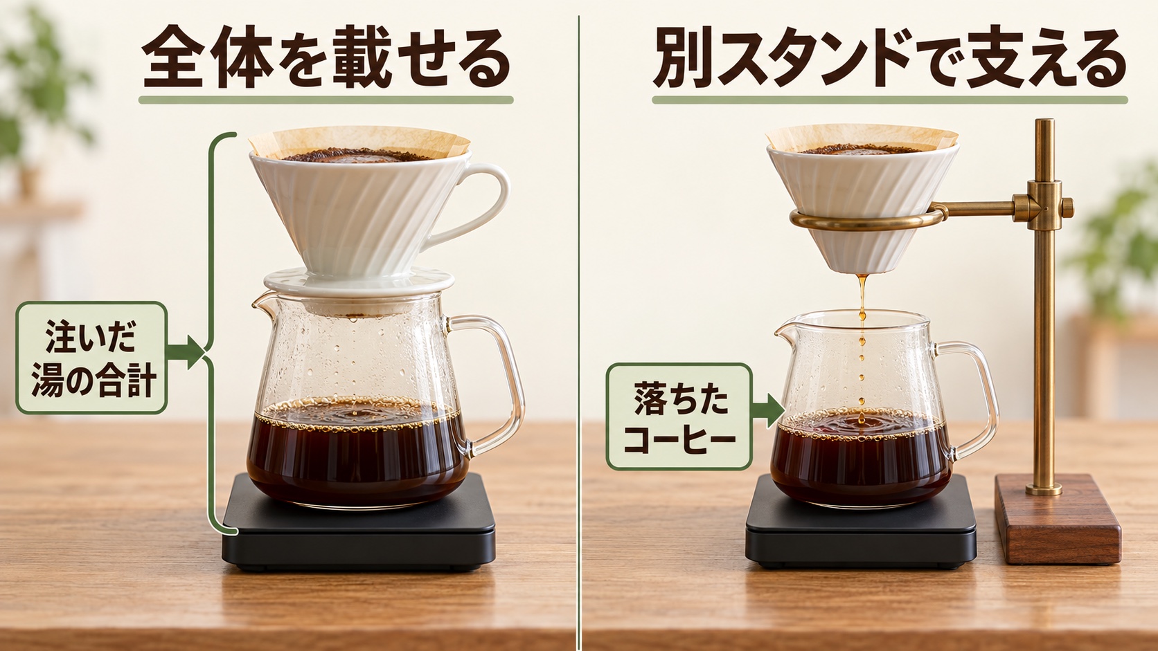 サーバーとドリッパーを一緒にスケールへ載せると注ぐ湯の合計を計れ、別のスタンドでドリッパーを支えるとサーバーに落ちた重さを計ることを示す比較図
