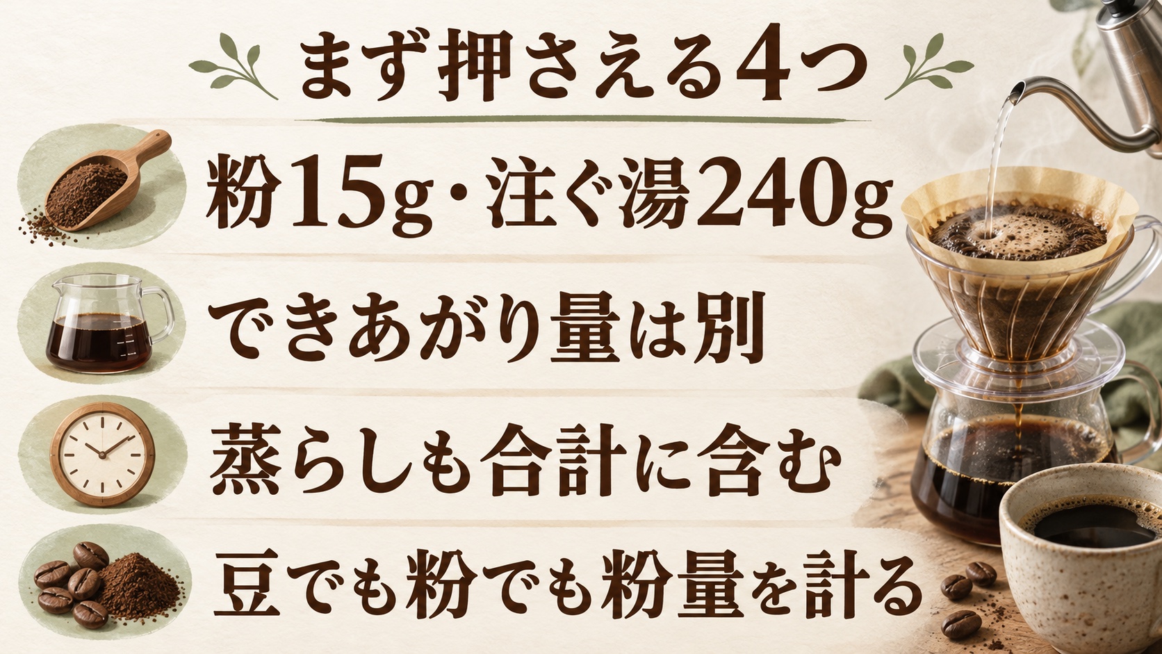 粉15gに注ぐ湯240gを出発点にすること、できあがり量は別であること、蒸らしを合計に含めること、豆と粉は同じ粉量で比較することを整理した要約図解