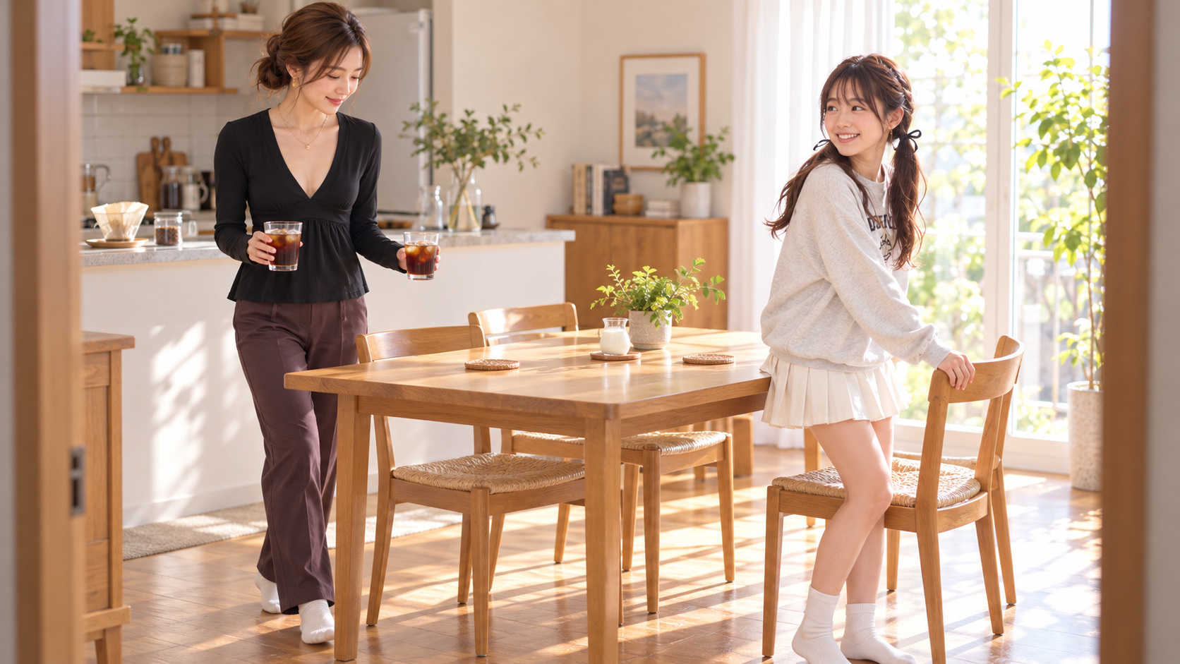 朝のダイニングで、左のKANNAが二人分のアイスコーヒーを運び、右のYUMEが日なたの椅子を引いて振り返る