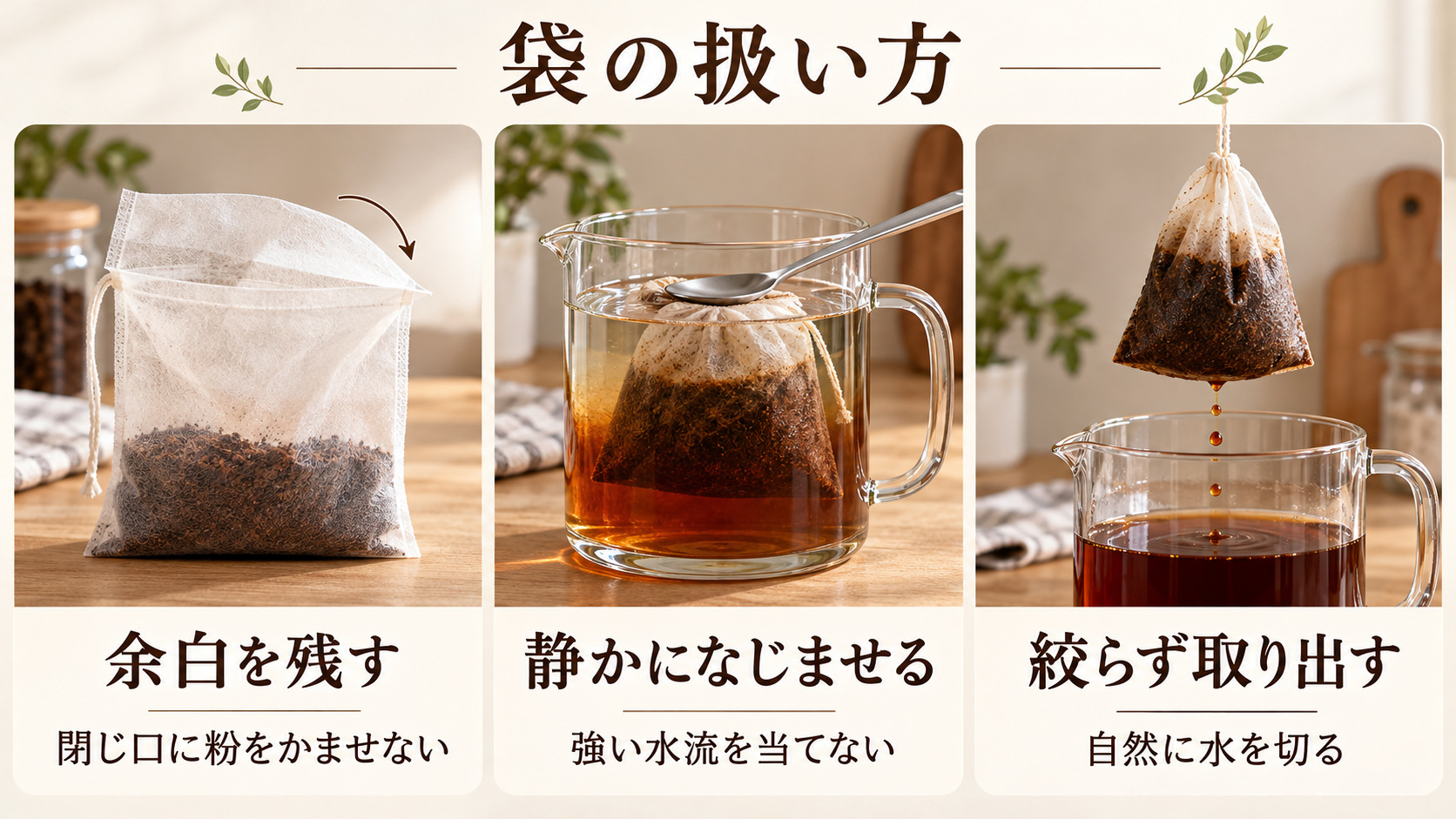 袋の扱い方。閉じ口に余白を残す、粉全体を静かに水になじませる、抽出後は絞らず取り出す