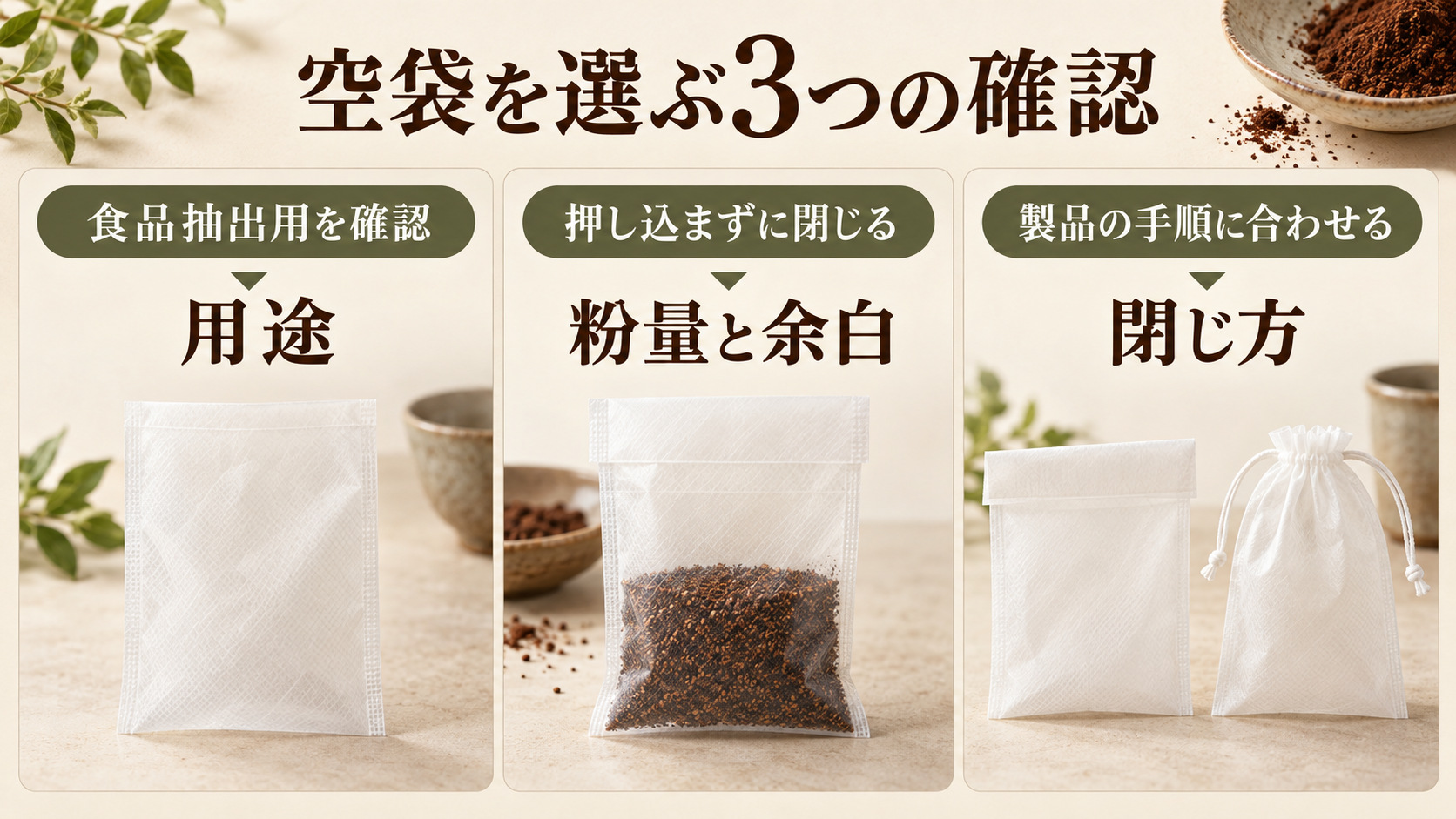 水出し用の空袋を選ぶ三つの確認点。用途、粉を入れる余裕、口の閉じ方