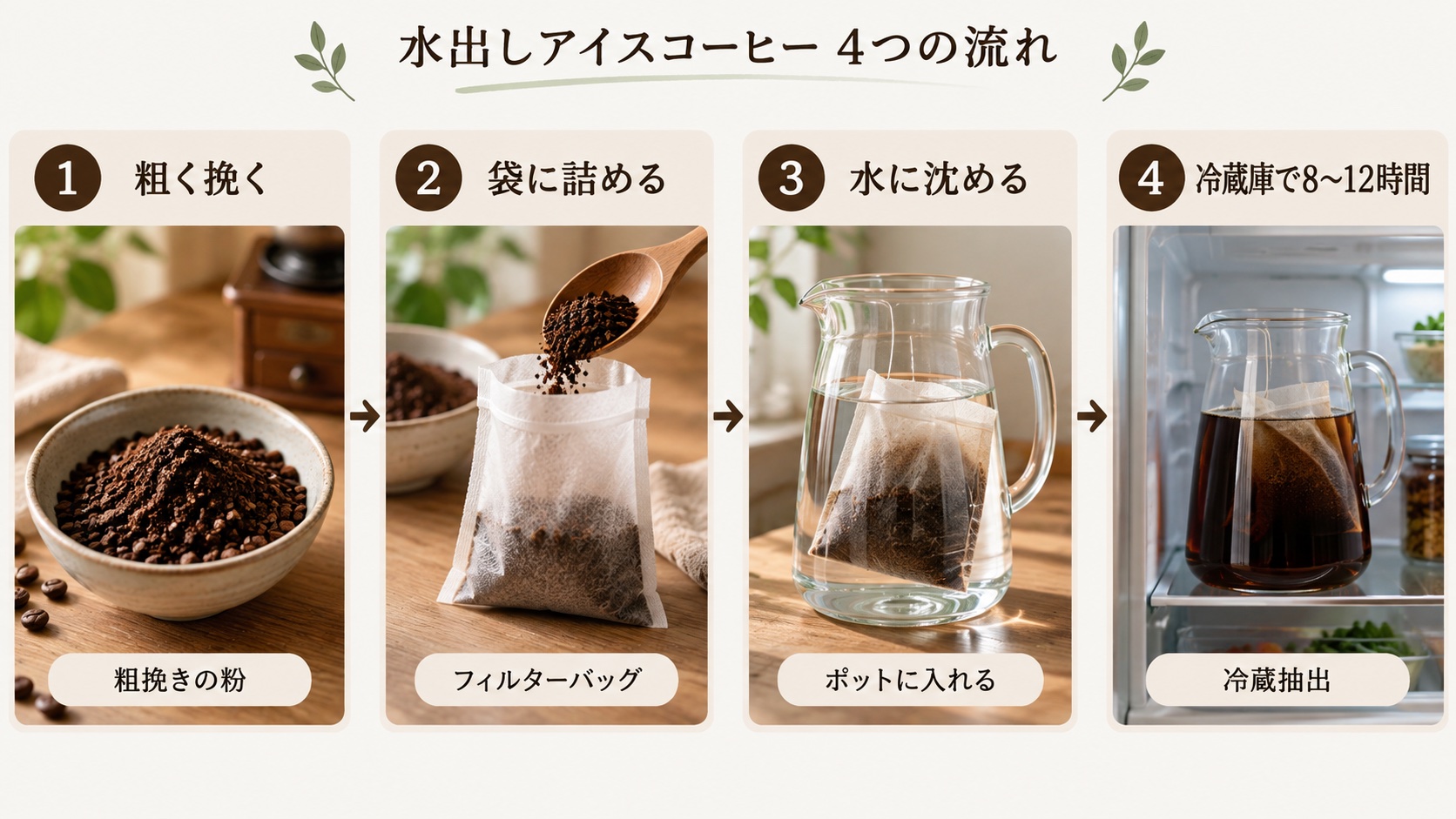 水出しアイスコーヒーの4つの流れを示した図。粗く挽く、フィルターバッグに詰める、ポットの水に沈める、冷蔵庫で8〜12時間抽出する