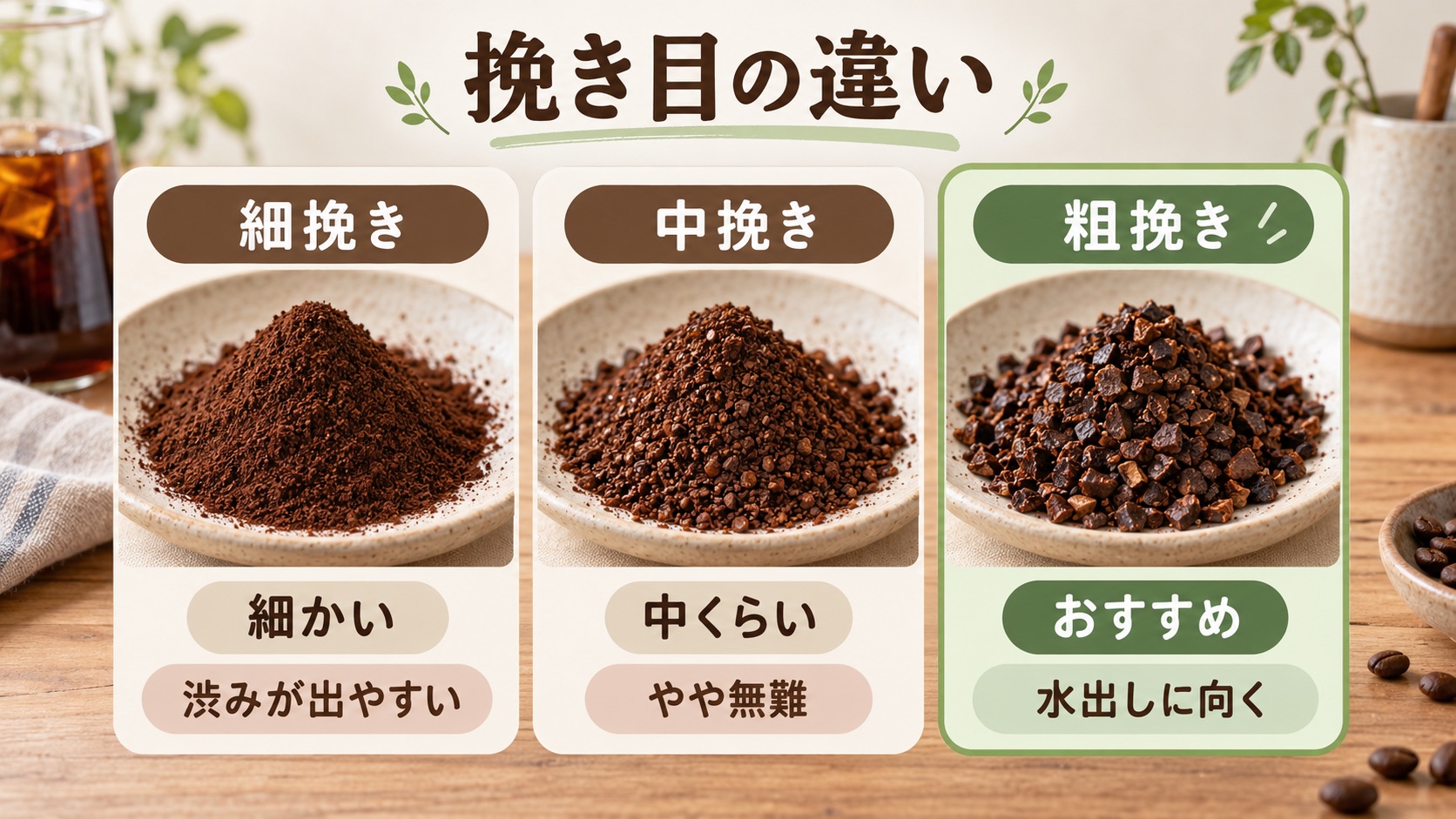 挽き目のちがいを比べた図。細挽きは渋みが出やすく、中挽きはやや無難、粗挽きは水出しに向くおすすめ