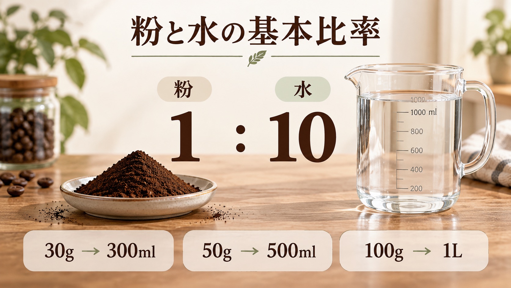粉と水の基本比率を示した図。粉1に対して水10。粉30gなら水300ml、50gなら500ml、100gなら1L
