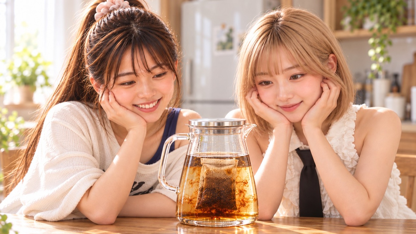 水出しパックを入れたサーバーを、ほおづえをついて待ち遠しそうに見つめるYUMEとHINATA