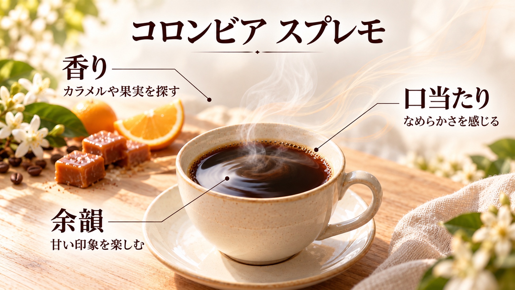 コロンビア スプレモの生成りのカップを中心に、香り、口当たり、余韻の三つの注目点を示した図解