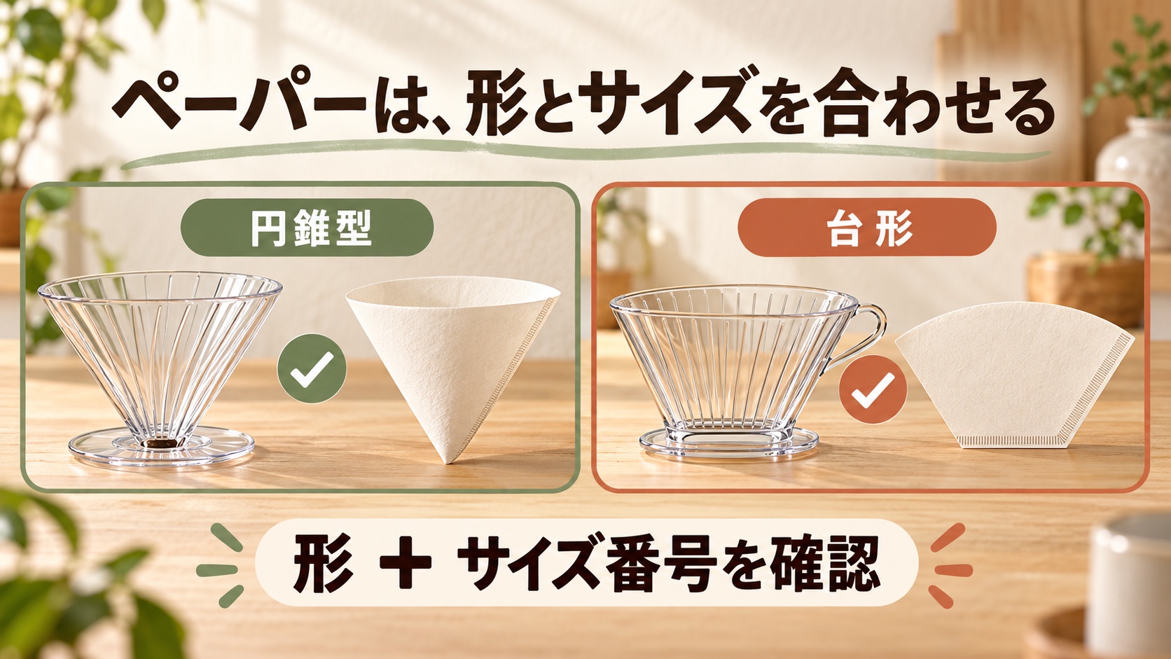 V60型の円錐ドリッパーと先のとがった円錐ペーパー、台形ドリッパーと台形ペーパーの正しい組み合わせ。形とサイズを合わせる。
