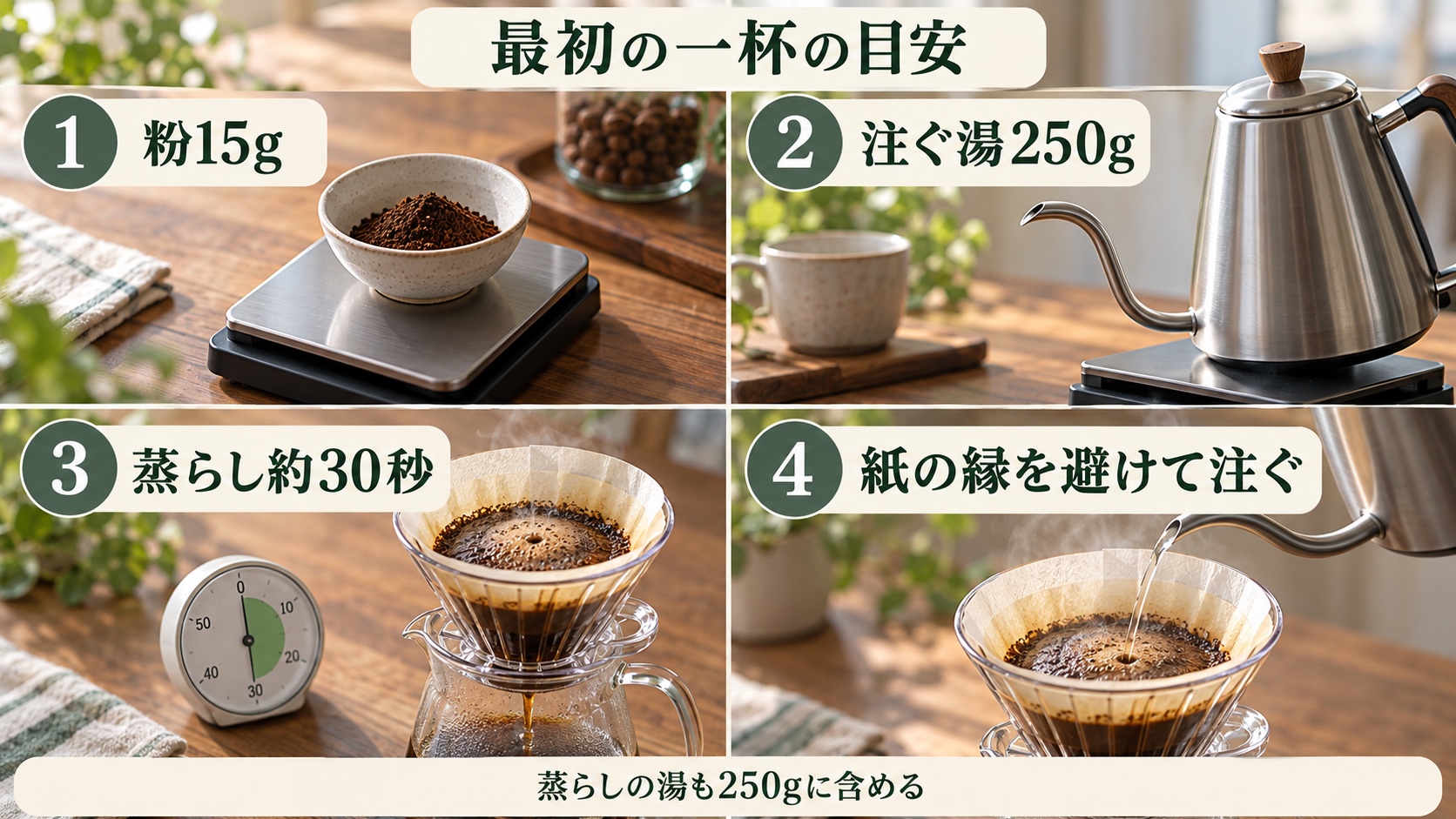 V60で最初の一杯を淹れる目安。粉15g、注ぐ湯250g、約30秒の蒸らし、紙の縁を避けて注ぐ。