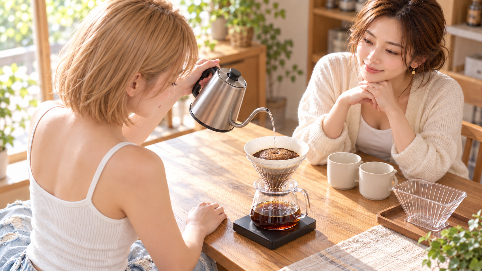 HINATAが円錐ドリッパーに湯を注ぎ、KANNAが見守る肩越しの構図。