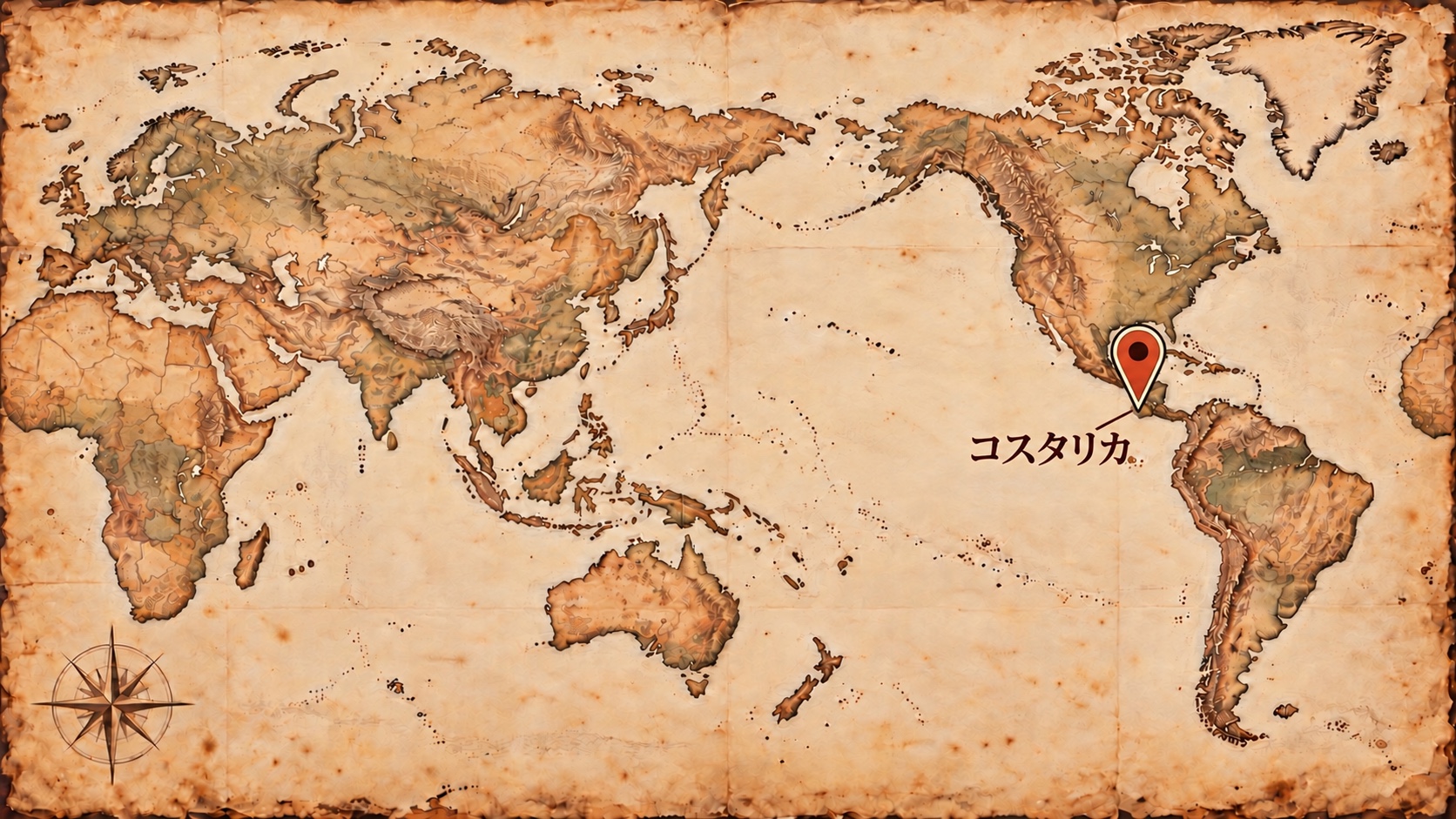 日本中心の古紙風世界地図にコスタリカの産地の概略位置を示した図