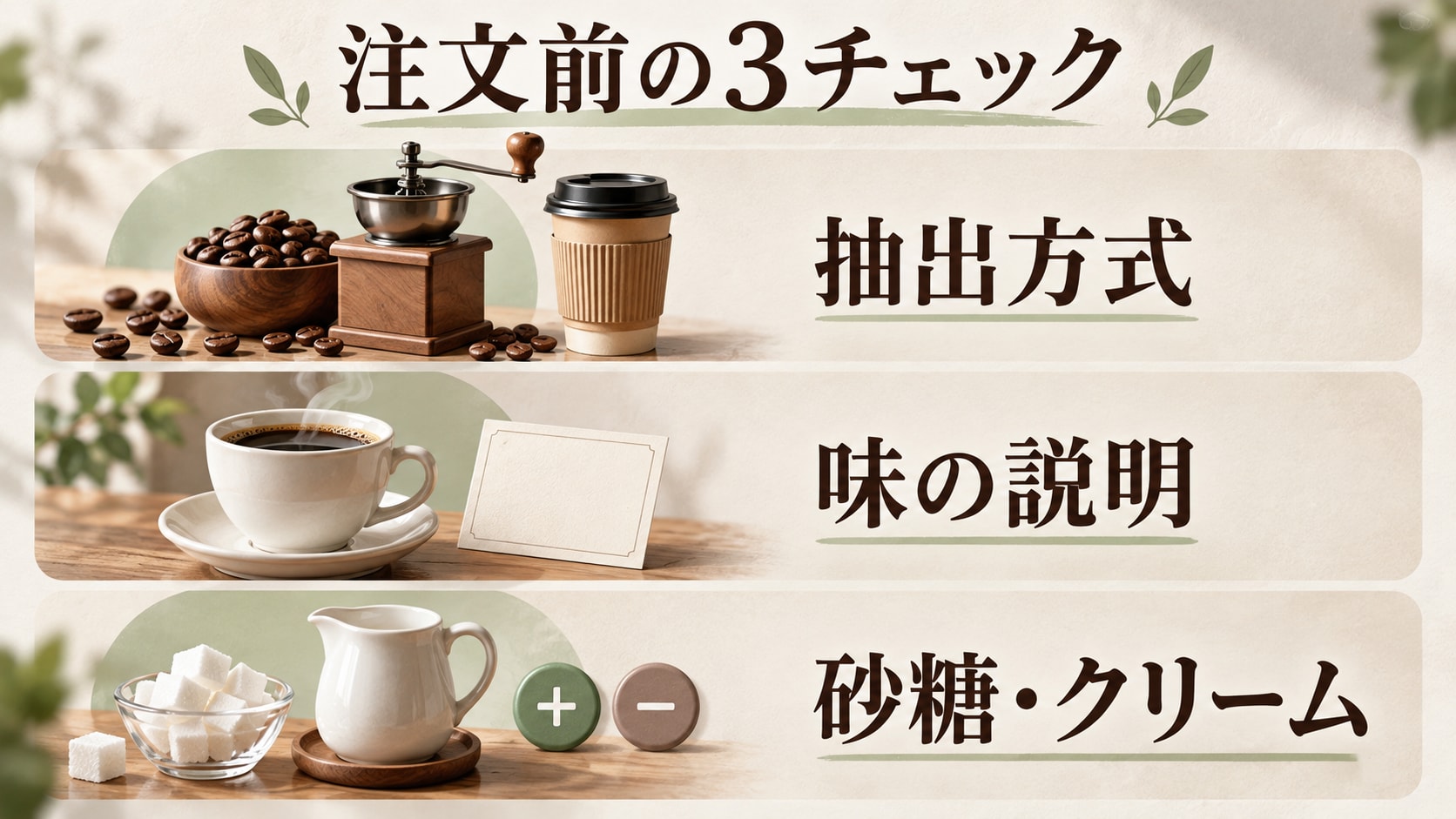 注文前に確認する三つのポイント。抽出方式、メニューの味の説明、砂糖・クリームなどの設定
