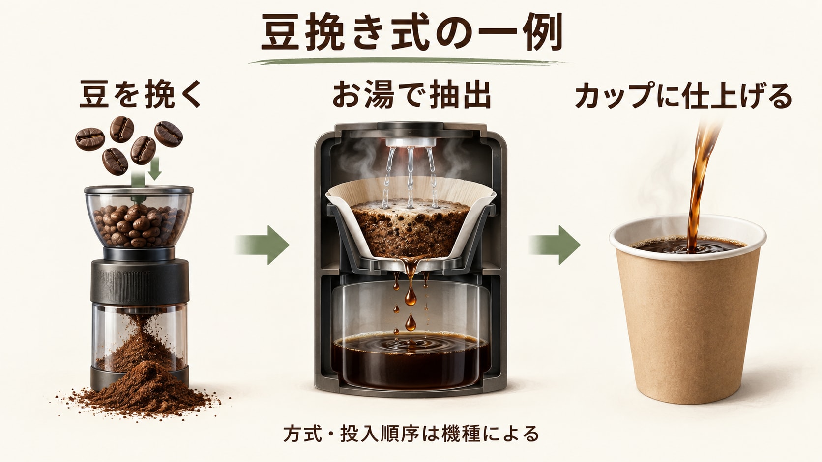 豆挽き式の一例を示す図。豆を挽く、お湯で抽出、カップに仕上げる。方式や投入順序は機種により異なる