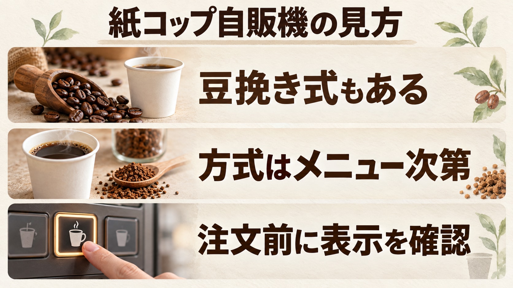 紙コップ自販機の要点。豆挽き式もある、方式はメニュー次第、注文前に表示を確認する