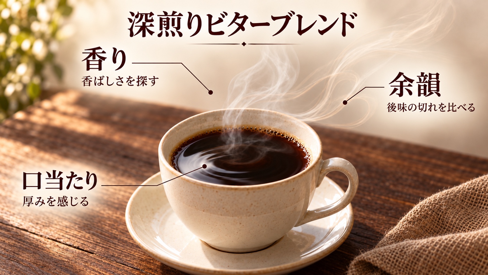 深煎りビターブレンドのカップを中心に、香ばしさ、厚み、後味の切れを確かめる三つの注目点を示した図解