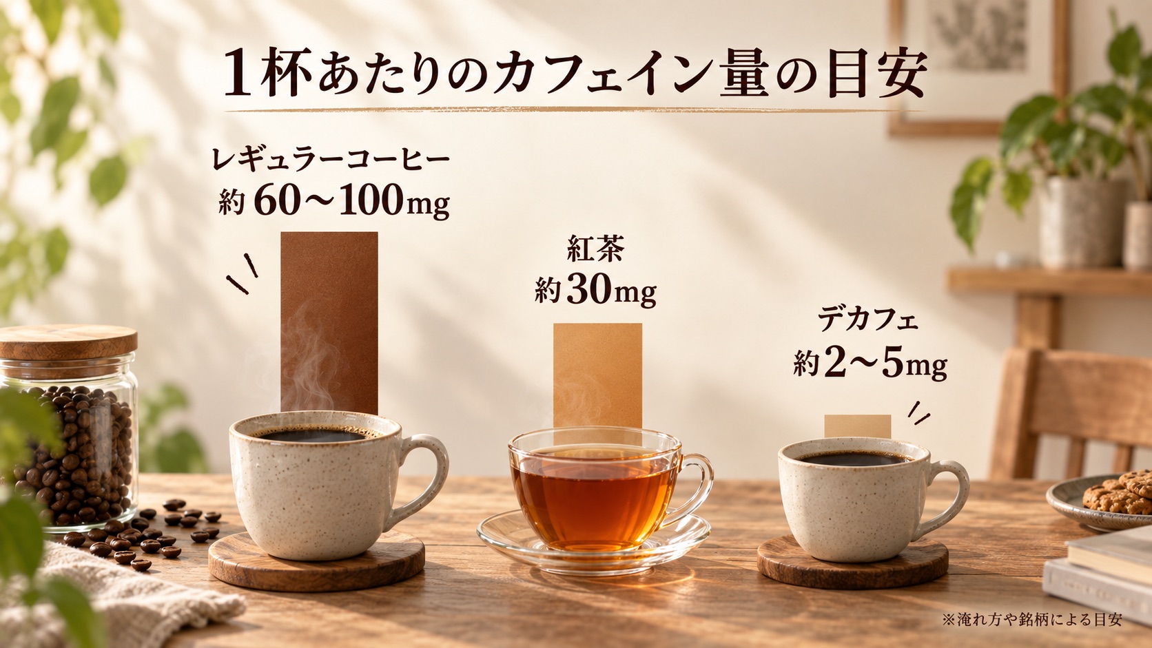 カップ1杯あたりのカフェイン量の比較。レギュラーコーヒー約60〜100mg、紅茶約30mg、デカフェ約2〜5mg