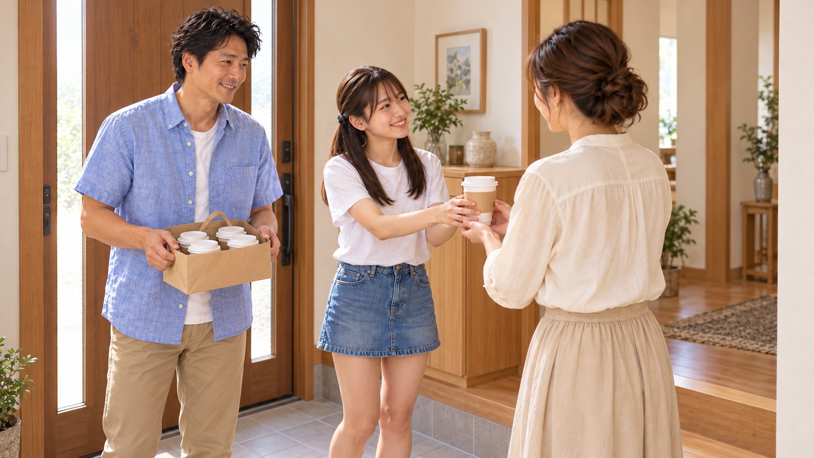 玄関の中でKANNAを見上げてデカフェを渡すYUMEと、4杯入りの浅い紙袋を持つTAKERU