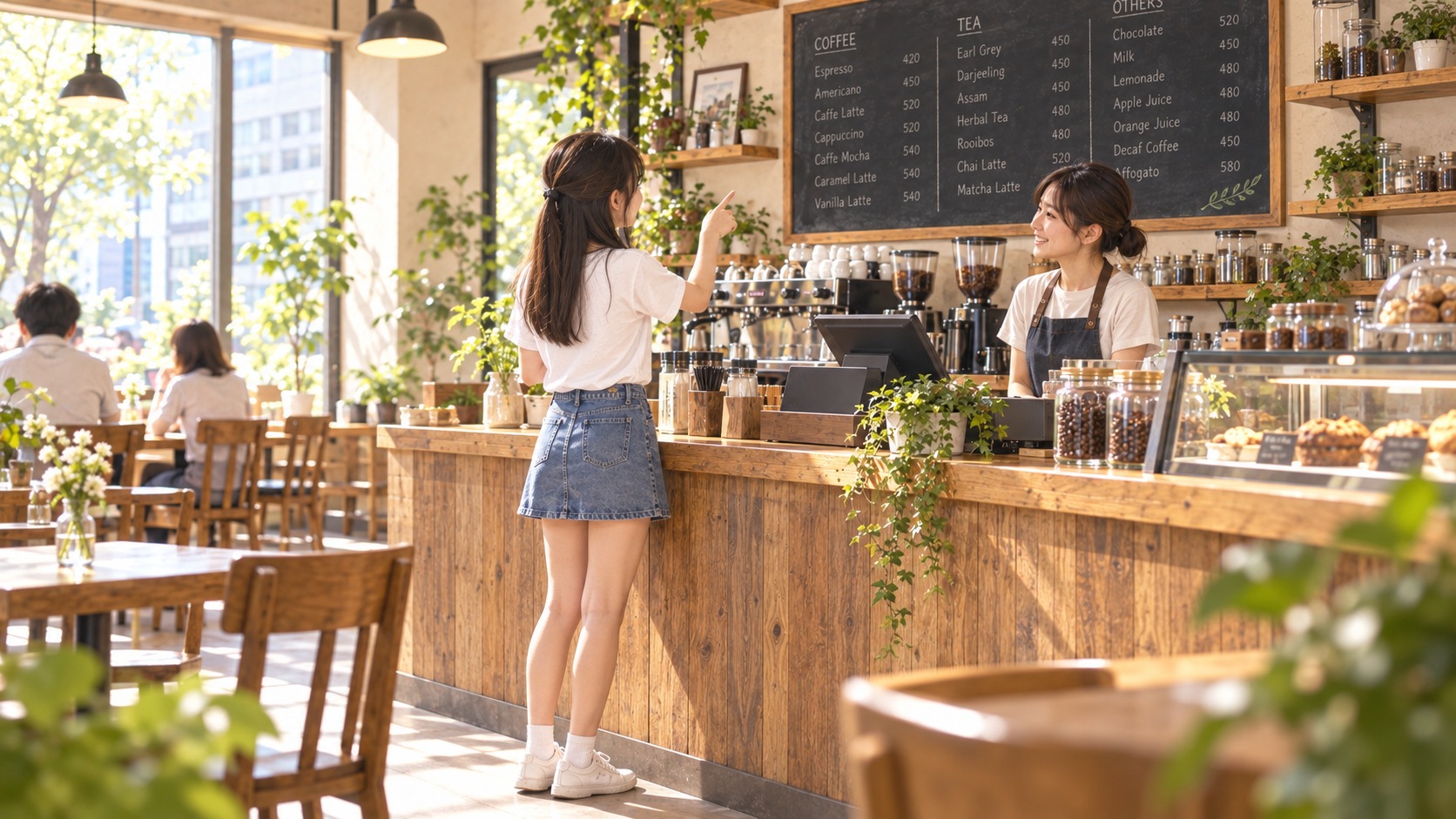 コーヒーショップのレジ前で、壁のメニューを指さしてデカフェを注文するYUME