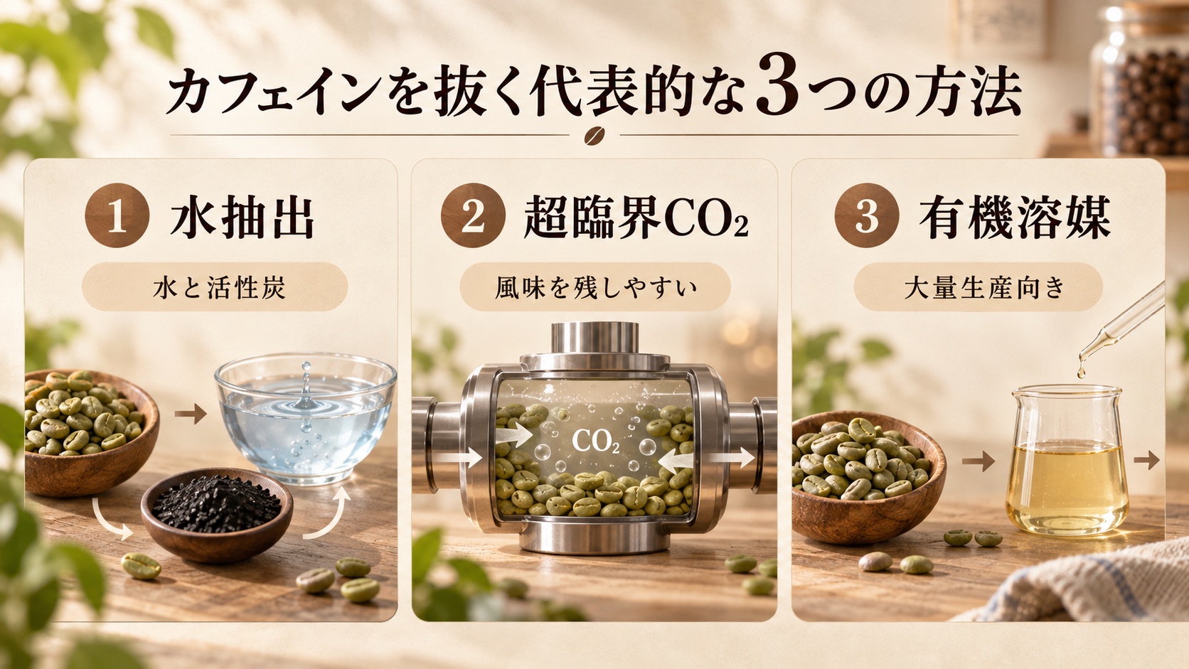 カフェインの抜き方3種類。水抽出（スイス・ウォーター製法）、超臨界二酸化炭素製法、有機溶媒製法
