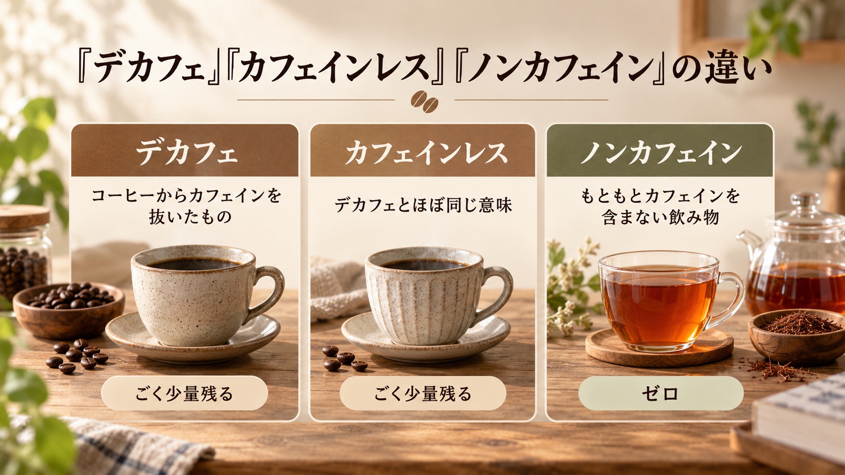 「デカフェ」「カフェインレス」「ノンカフェイン」の違いを並べた図。デカフェとカフェインレスはごく少量残り、ノンカフェインはゼロ
