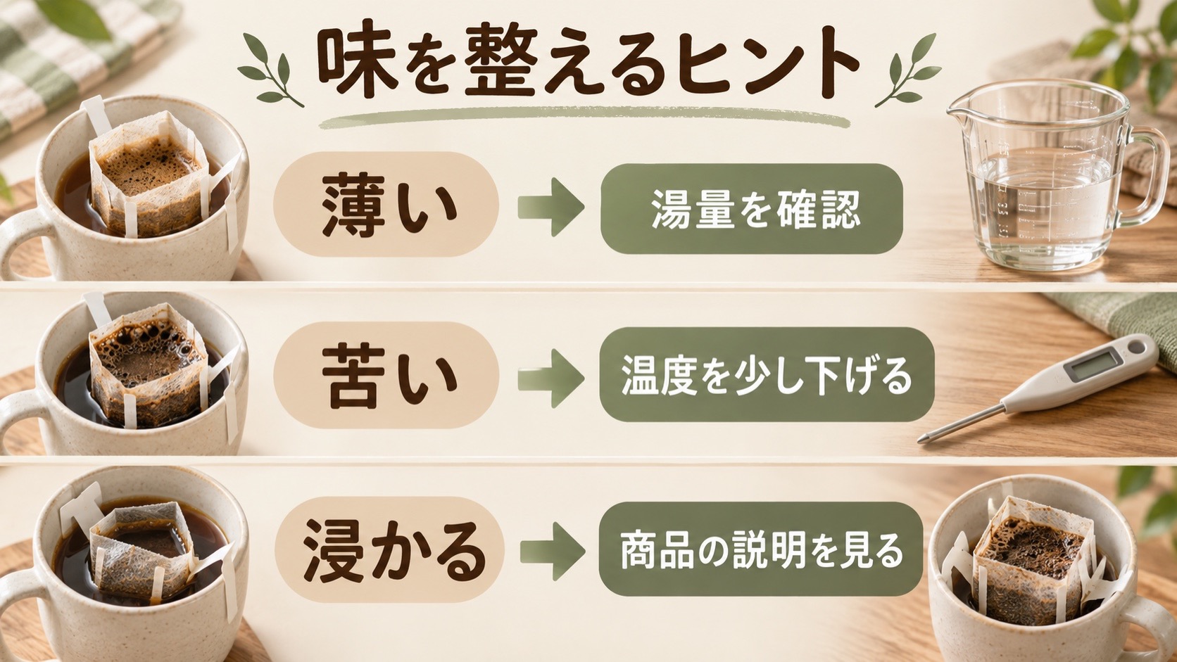 薄いときは湯量を確認、苦いときは温度を少し下げる、浸かる場合は商品の説明を見る図