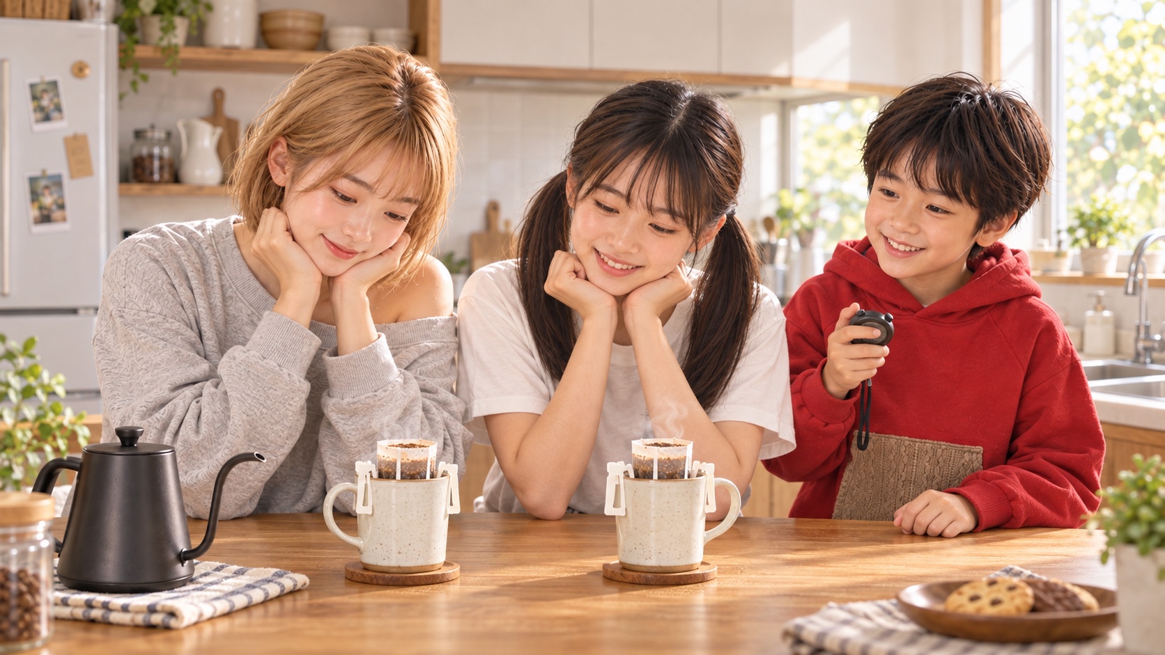 キッチンでドリップバッグの蒸らしを見守るYUMEとHINATA、時間を測るYUTA