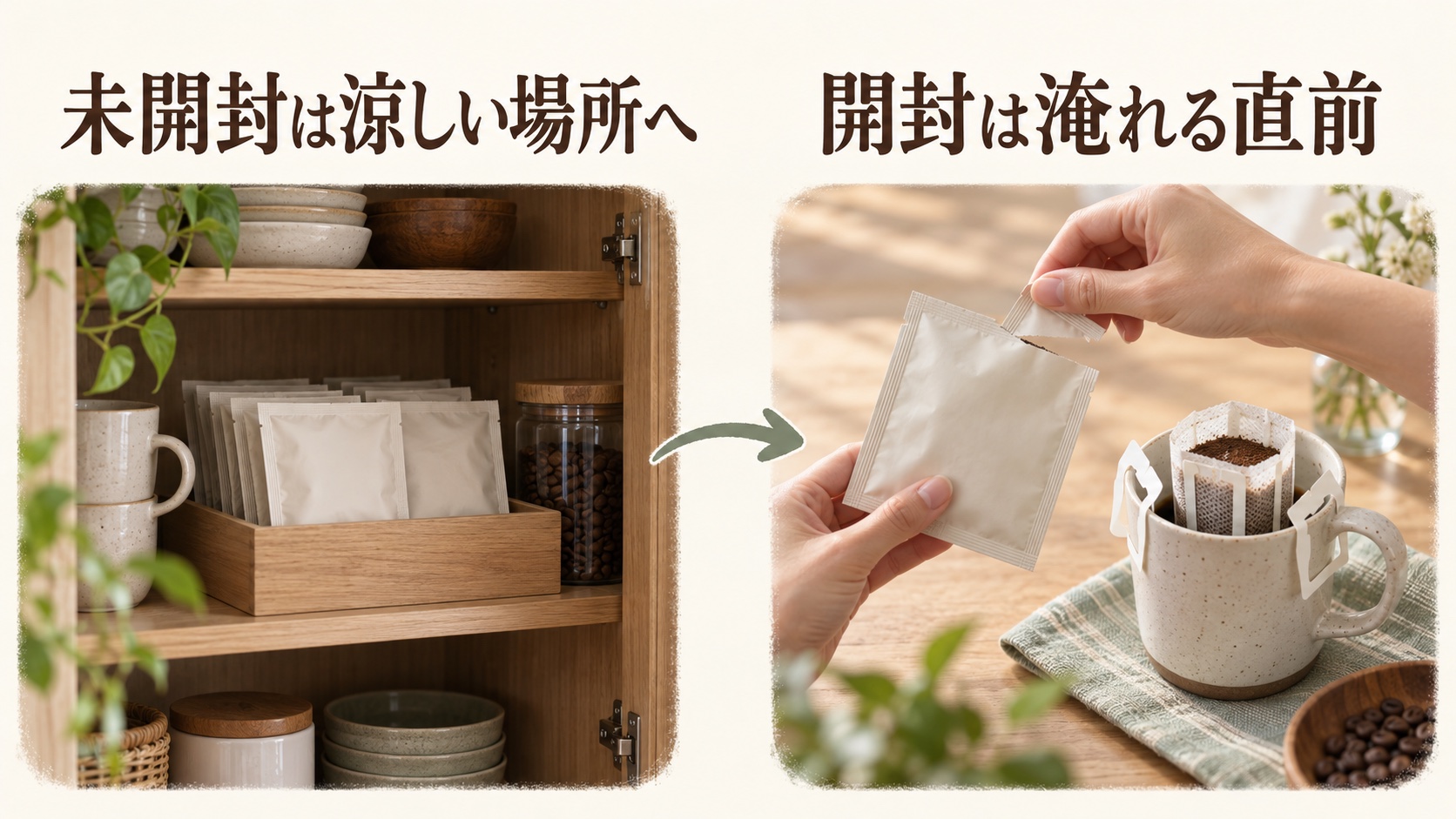 未開封の個包装を涼しい場所で保管し、開封は淹れる直前にする図