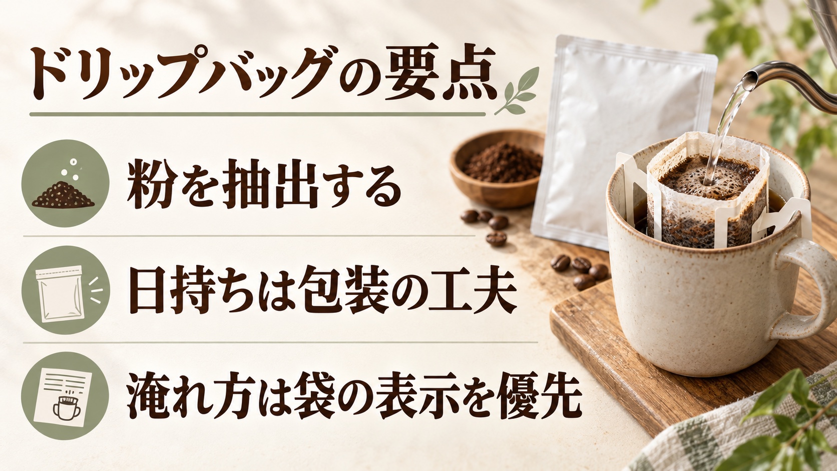 ドリップバッグの要点:粉を抽出する、日持ちは包装の工夫、淹れ方は袋の表示を優先