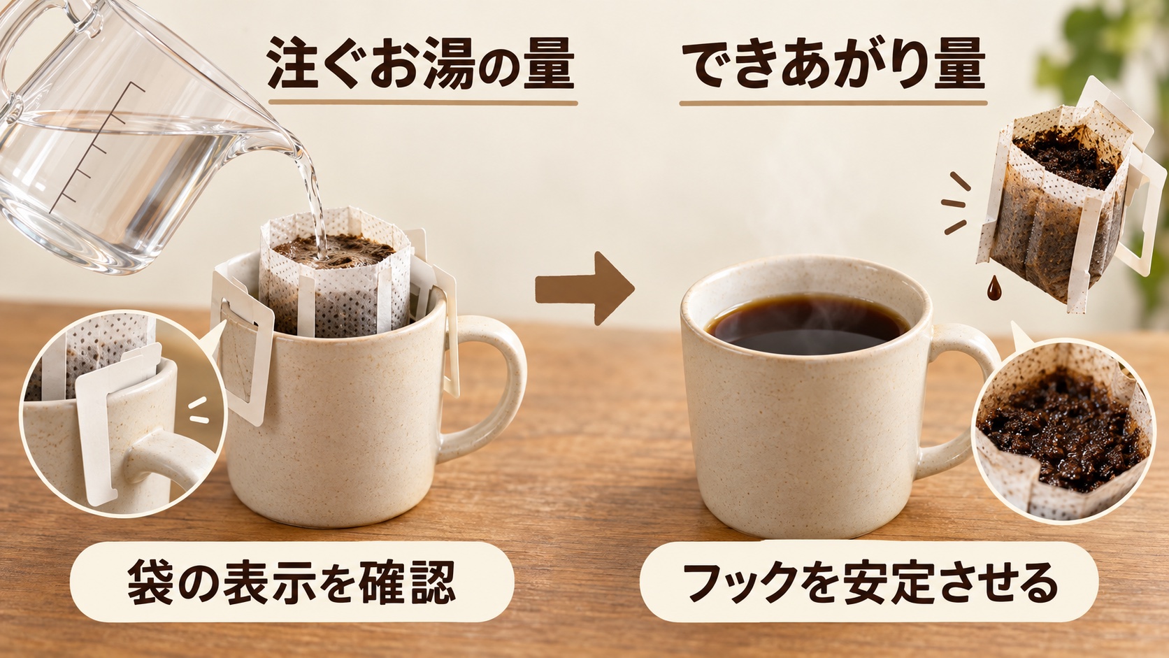 注ぐお湯の量とできあがり量を分け、袋の表示とフックの安定を確認する図