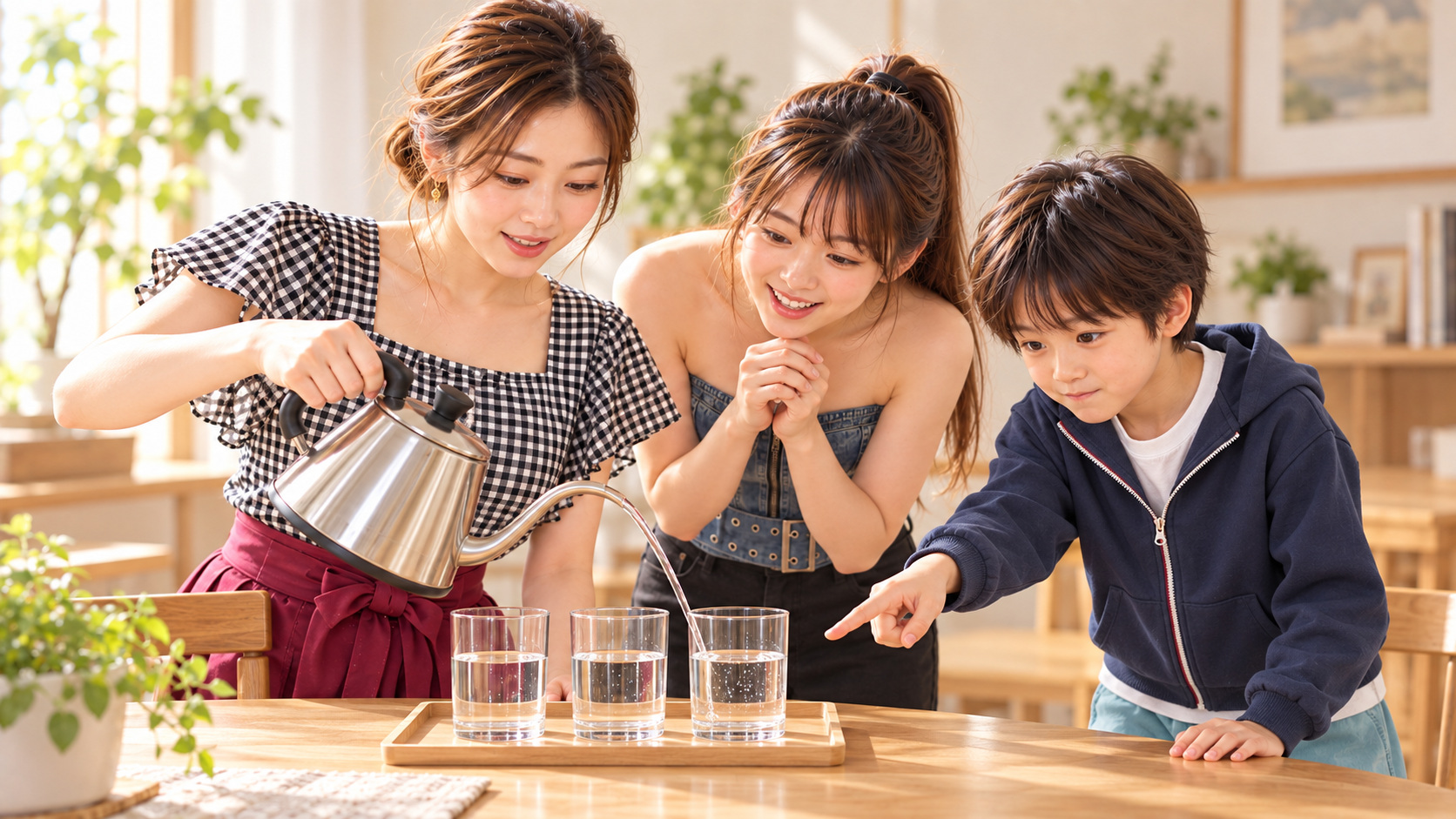 細口ケトルで三つの透明グラスの水位をそろえる練習。KANNAが水を注ぎ、YUMEが笑顔で見守り、紺のパーカー姿のYUTAが真剣に水位を指さしている。