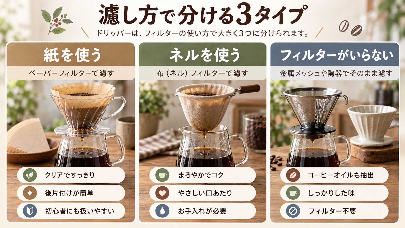 ドリッパーを濾し方で3タイプに分けた図。紙を使う/ネルを使う/フィルターがいらない